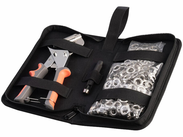 Housse ouverte avec pince à oeillets professionnelle et 200 oeillets Ø 10 mm