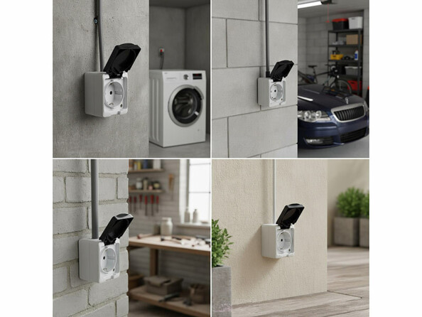 Prise électrique étanche en saillie mise en situation dans 4 environnements