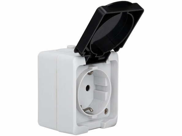 Prise électrique étanche en saillie vue côté gauche