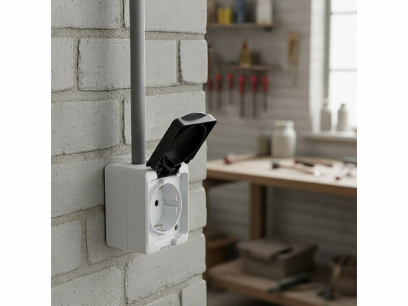 Prise électrique étanche en saillie mise en situation dans un atelier