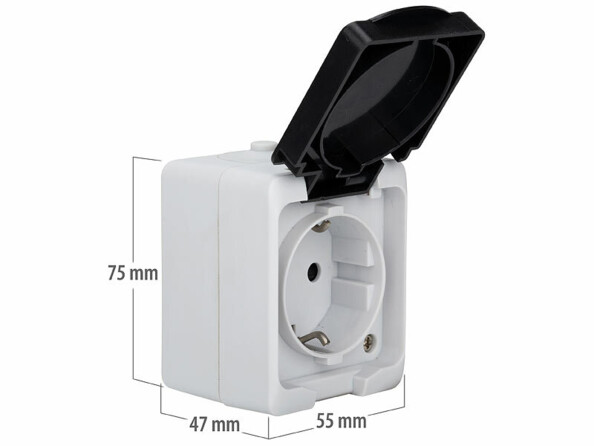 Prise électrique étanche vue de côté avec dimensions en mm