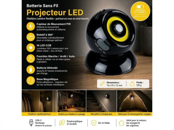 Publicité noir et jaune pour projecteur LED sans fil 100 lumens avec batterie 500mAh