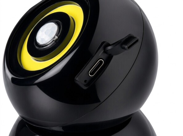 Caméra sphérique noire brillante avec anneau jaune, objectif central et port USB-C latéral