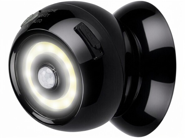 Lampe LED dôme noir avec anneau lumineux blanc chaud, capteur PIR et modes MARCHE/ARRÊT/AUTO