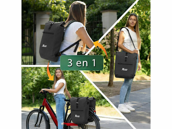 Sacoche vélo étanche pour porte-bagages 20 L mise en situation avec 3 fonctions