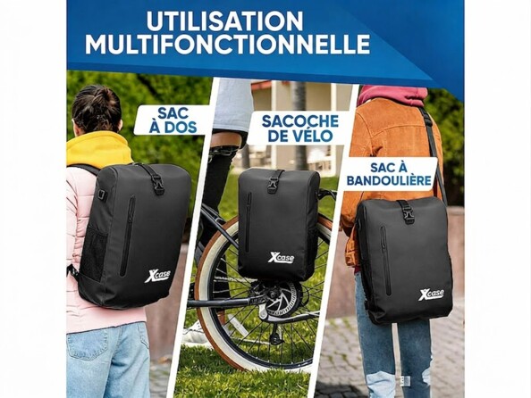 Sacoche vélo étanche 25 L pour porte-bagages et sac mis en siutation avec 3 fonctions