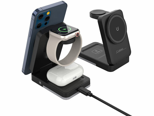 Station de chargement compatible MagSafe vue de face et de dos avec appareils en charge