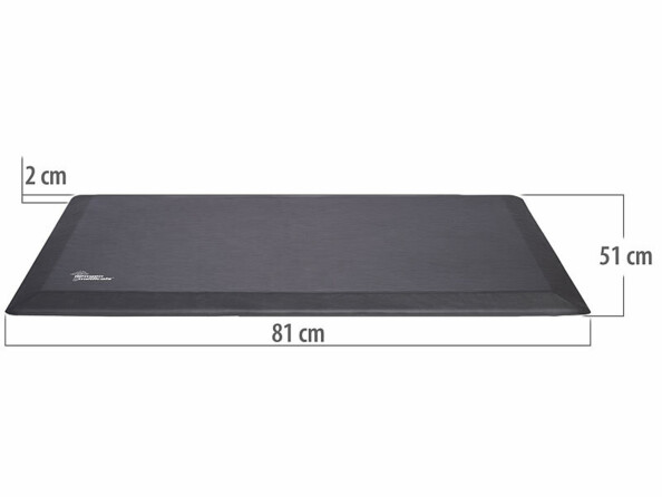 Tapis anti-fatigue pour poste de travail debout vu de 3/4 face avec dimensions en cm