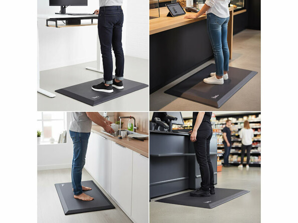Tapis anti-fatigue pour poste de travail debout avec 4 mises en situations avec personnes travaillant debout