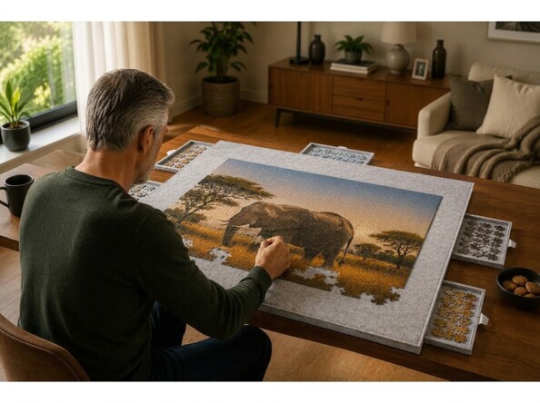 Un homme fait un puzzle représentant un éléphant dans la savane, assis à une table dans un salon