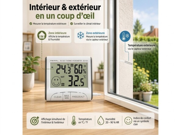 Thermomètre numérique intérieur/extérieur avec hygromètre intérieur