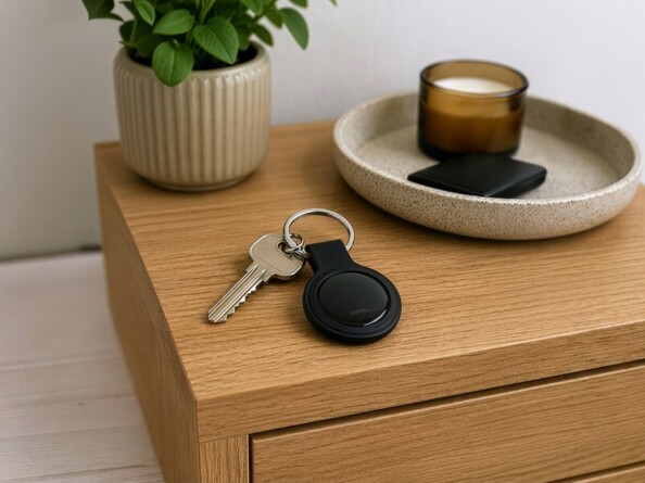 Tracker SGF65 sur un trousseau de clés posé sur une table en bois clair avec plante verte et bougie en arrière-plan, scène intérieur minimaliste