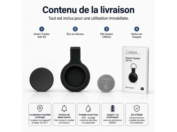 Contenu de la livraison du Smart-Tracker SGF-65 : traceur noir, étui silicone avec anneau, pile CR2032 et notice en français, avec 5 fonctionnalités en bas : localisation, sonnerie, IP65, autonomie 1 an et chiffrement