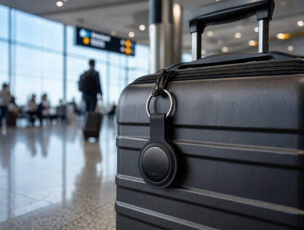 Tracker SGF65 Callstel fixé sur une valise rigide noire dans un hall d’aéroport avec voyageurs et panneau de vols en arrière-plan