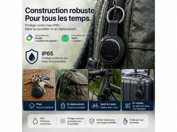 Face arrière du traceur SGF65 avec marquages MODEL P23, pile CR2032 3V, certifications CE, FCC, RoHS et symbole DEEE, numéro de série masqué