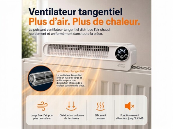 Publicité d’un ventilateur tangentiel blanc sur radiateur, écran digital et distribution efficace de chaleur