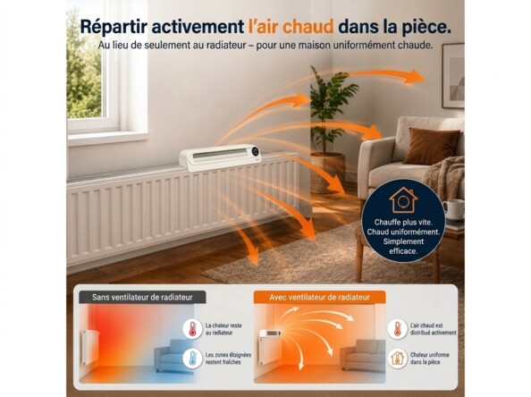 Publicité pour ventilateur tangentiel blanc sur radiateur avec flux d’air orange dans un salon