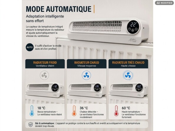 Infographie du mode automatique du ventilateur ajustant la vitesse selon la température du radiateur