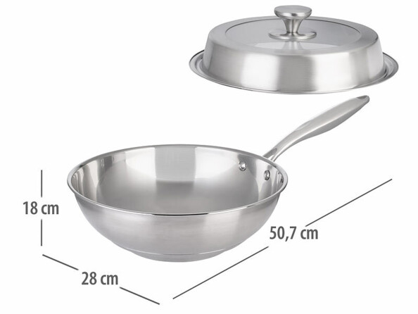 Wok en acier inoxydable avec dimensions 50,7 x 28 x 18 cm et couvercle