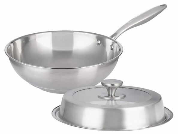 Wok en acier inoxydable 28 cm avec couvercle posé à coté