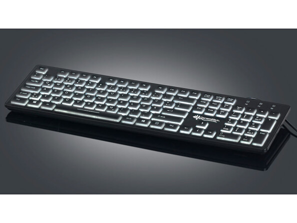 Clavier AZERTY français avec touches silencieuses et rétroéclairage LED blanc.