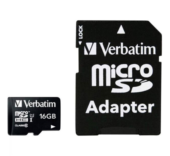 Carte micro-SDHC Verbatim de 16 Go avec adaptateur SD.