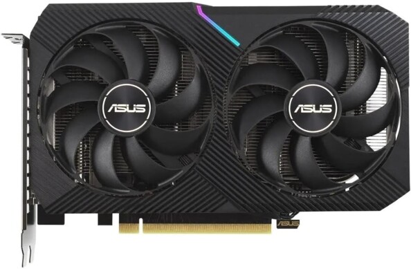 Carte graphique GPU Nvidia RTX 3060 avec deux ventilateurs de refroidissement avec logo Asus, plaque arrière renforcée, bandes LED RVB gaming et connecteurs pour branchement