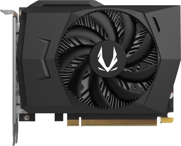 Vue du dessus du GPU NVIDIA ZOTAC GAMING avec ventilateur et fiche d'alimentation PCI-Express