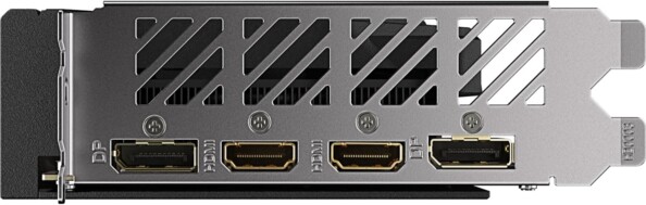 Côté gauche du GPU avec plaque de protection en métal avec 2 sorties HDMI 2.1a et 2 sorties DisplayPort 1.4a
