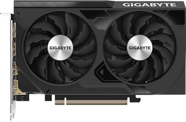 Vue du dessus de la carte graphique Gigabyte avec double ventilateur 80 mm et fiche PCI-e
