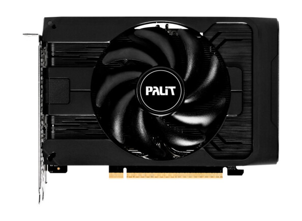 Carte graphique Nvidia GeForce RTX 5050 StormX 8 Go GDDR6 vue du dessus avec ventilateur central et logo Palit