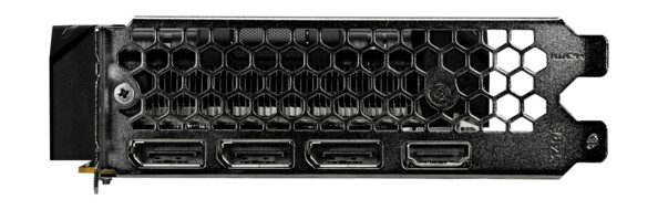Côté gauche du GPU Nvidia avec grille d'aération, 3 ports DisplayPort et 1 port HDMI