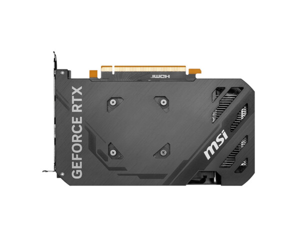 Vue arrière de la carte graphique GEFORCE RTX avec plaque arrière renforcée en métal avec connecteur d'alimentation 8 broches visibles
