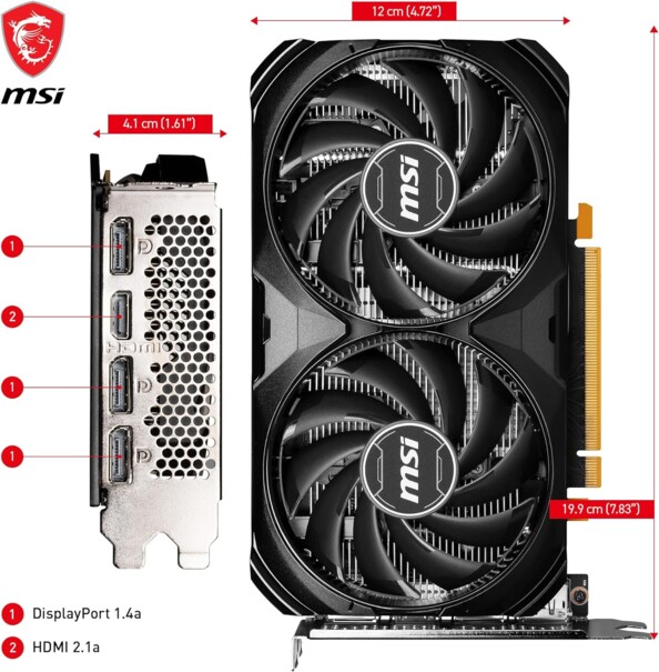Composant électronique pour PC gaming GPU MSI Nvidia GeForce RTX4060 avec dimensions, port HDMI et ports DisplayPort annotés et numérotés