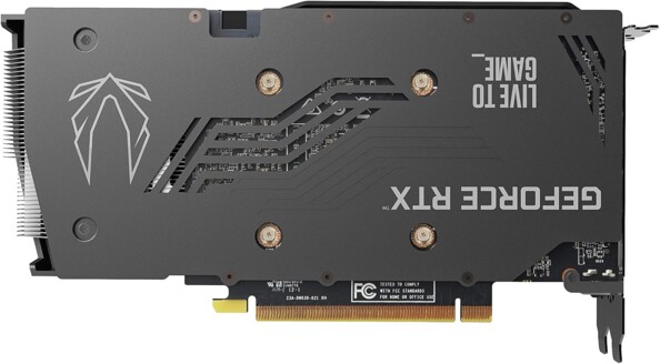 Dessous de la carte graphique GeForce RTX 3060 avec logos Zotac Gaming et Live to Game imprimés en blanc