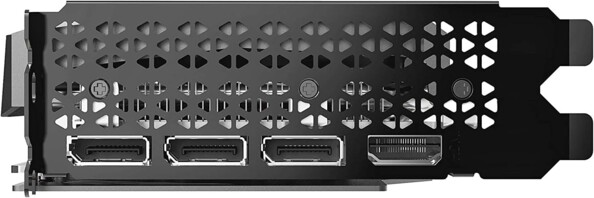 Plaque arrière en métal avec 3 ports DisplayPort 1.4a et 1 port HDMI 2.1 pour branchement jusqu'à 4 écrans PC