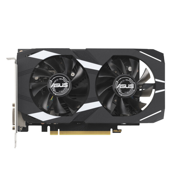 Vue du dessus du GPU Asus GeForce RTX 3050 avec double ventilateur, interface PCIe et support en métal