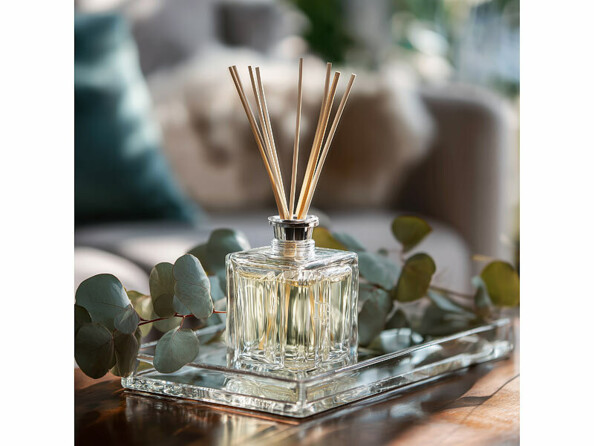 1diffuseur de parfum en crystal posé sur une table dans un salon avec des bâtonnets coloris bois