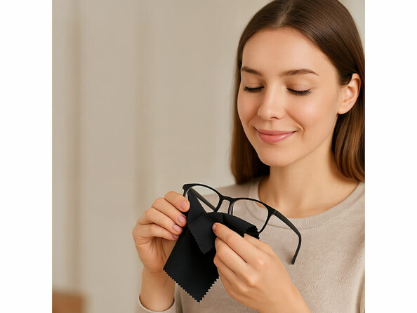 femme nettoyant les verres de ses lunettes avec un chiffon micro-fibre