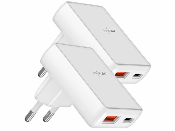 2 chargeurs secteur plats USB-A / USB-C 20 W vus de coté