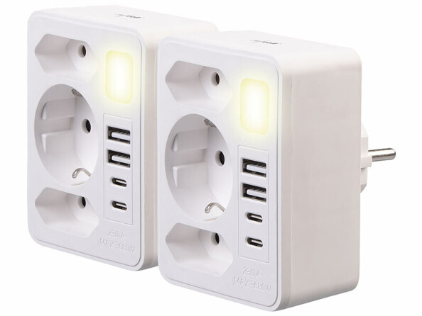 Pack de 2 multiprises murales avec 4 ports de charge USB-A / USB-C et veilleuse de la marque Revolt