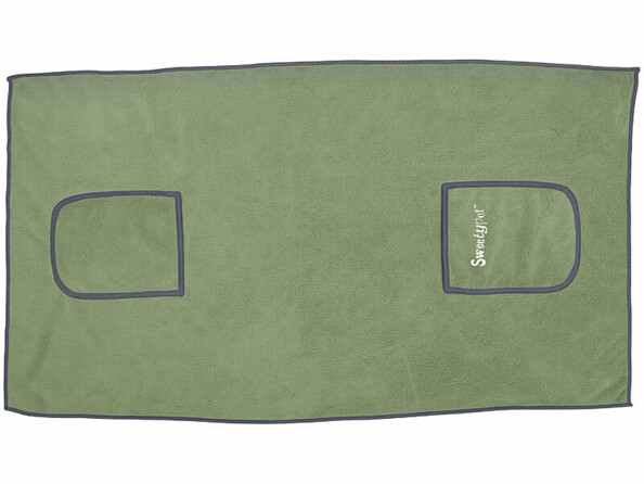 serviette en microfibre pour chiens et chats verte avec 2 poches vue de face