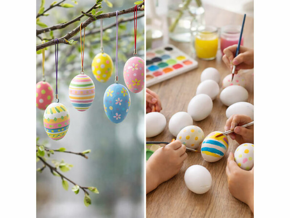 oeufs de paques entrain d'être décorés et mise en situations accrochés à une branche