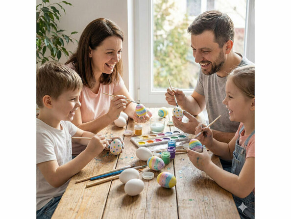 famille à table entrain de décorer des oeufs de pâques avec de la gouache