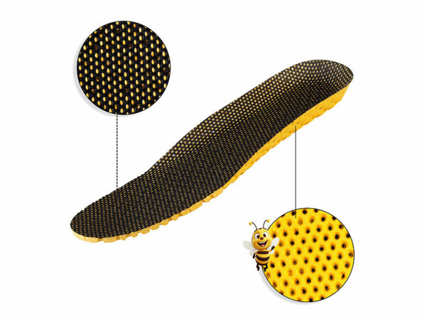 semelles amortissantes respirantes à nids d'abeilles vue de coté avec zoom sur le dessus et le dessous
