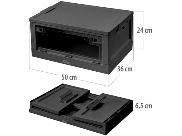Cagette en polypropylène pliée et dépliée avec dimensions annotées
