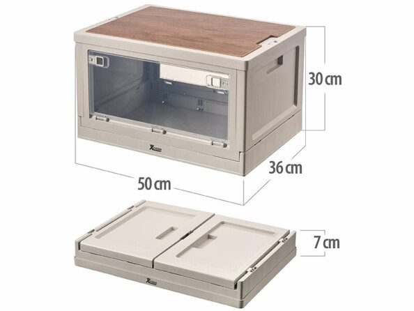 Cagette en polypropylène pliée et dépliée avec dimensions annotées