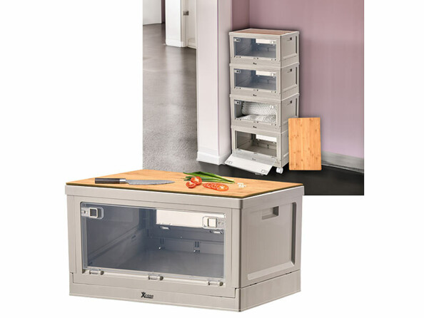 Mises en situation de la planche à découper en bambou avec couteau et légumes sur une boîte de rangement AB-110