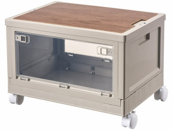 Boîte de rangement avec étagère, couvercle transparent et roulettes avec frein