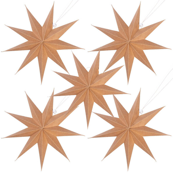 5 étoiles pliables en papier Ø 30 cm coloris brun vues de face